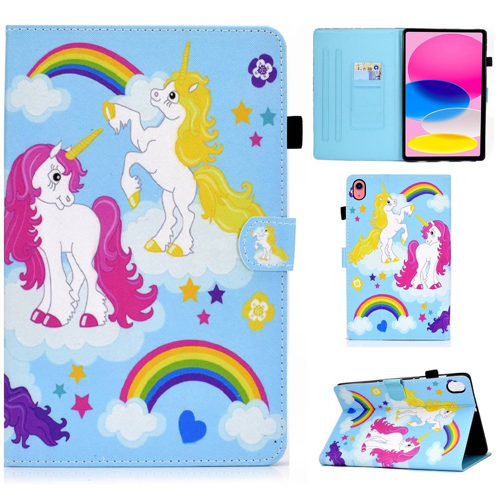 For iPad (2025) / 10.9 (2022) Pattern Printing Stand Folio Tablet Case Stitching Line PU Leather Card Slots Protective Cover - Unicorns