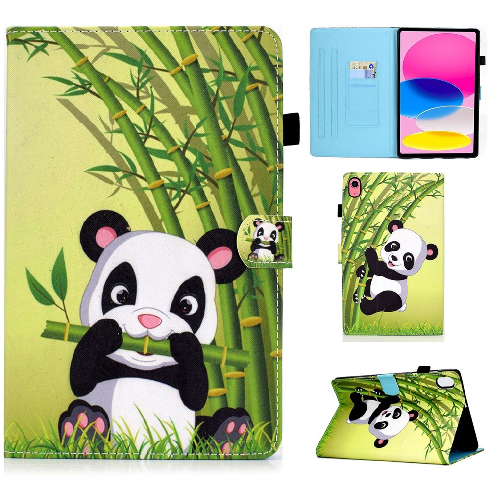 For iPad (2025) / 10.9 (2022) Pattern Printing Stand Folio Tablet Case Stitching Line PU Leather Card Slots Protective Cover - Panda