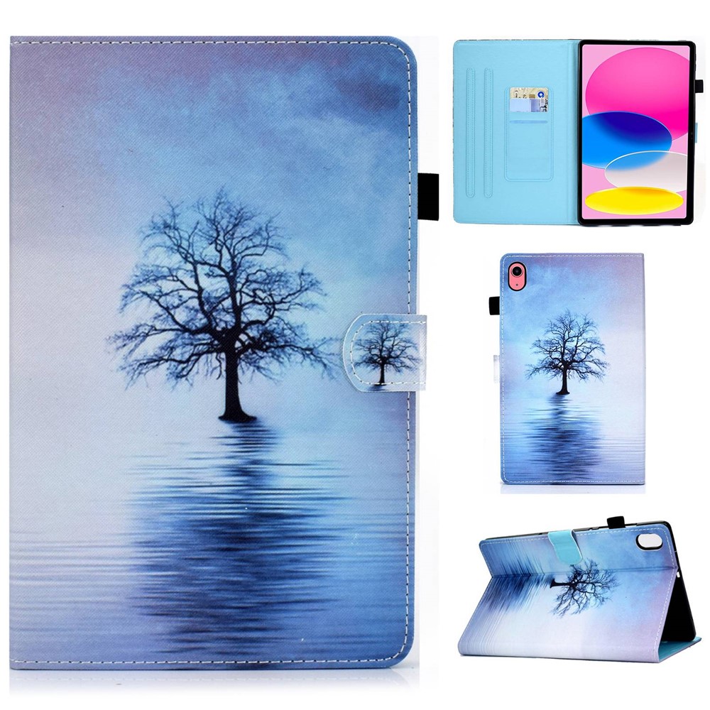 For iPad (2025) / 10.9 (2022) Pattern Printing Stand Folio Tablet Case Stitching Line PU Leather Card Slots Protective Cover - Water Tree