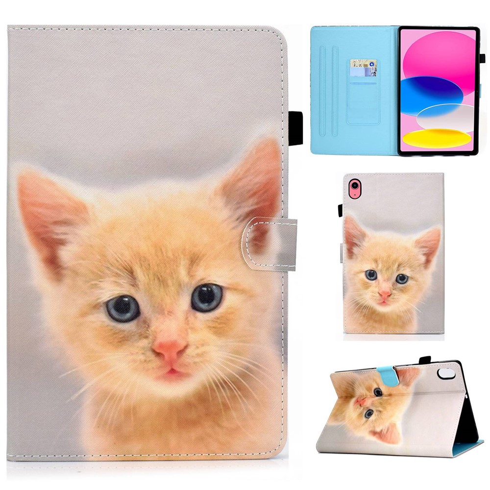 For iPad (2025) / 10.9 (2022) Pattern Printing Stand Folio Tablet Case Stitching Line PU Leather Card Slots Protective Cover - Cute Cat