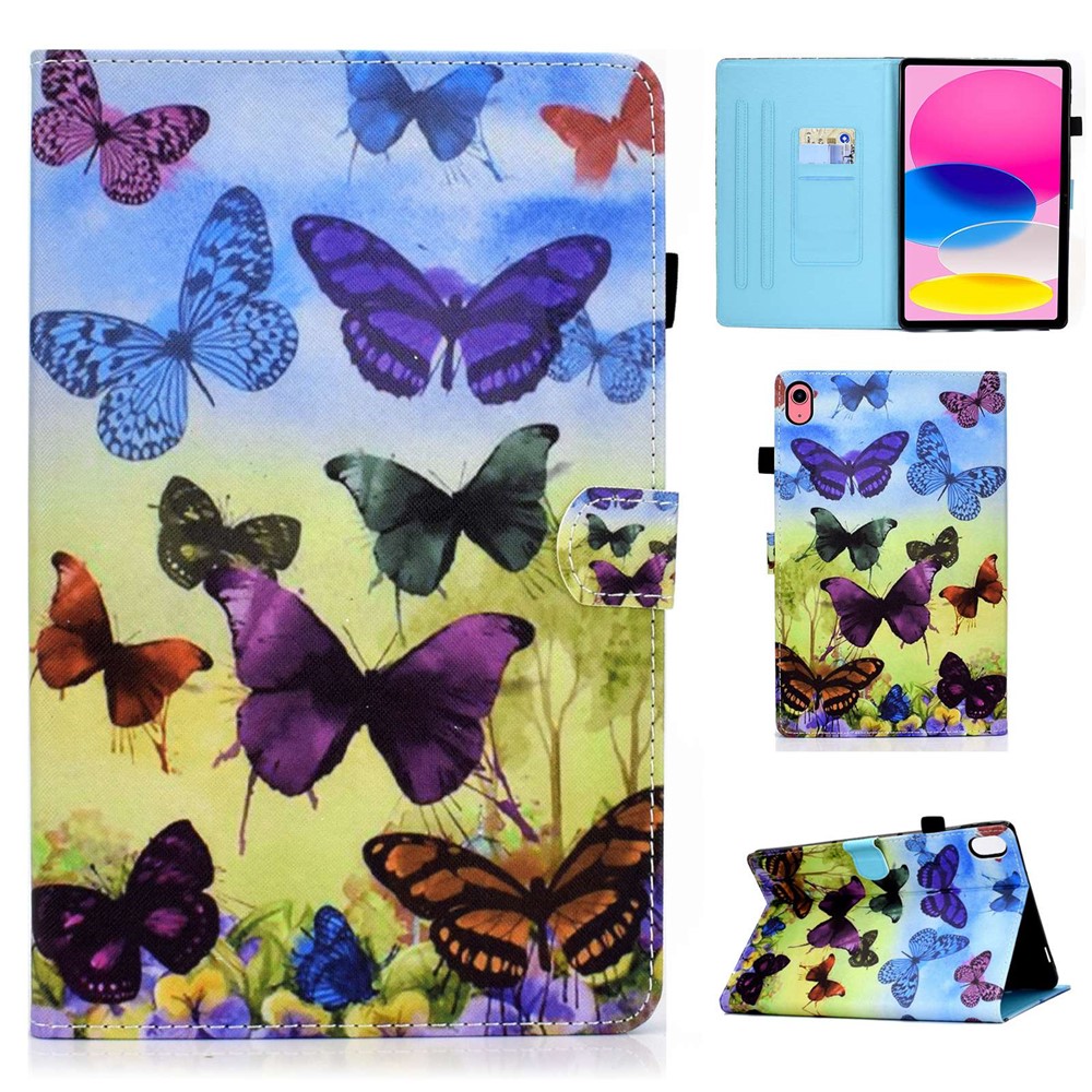 For iPad (2025) / 10.9 (2022) Pattern Printing Stand Folio Tablet Case Stitching Line PU Leather Card Slots Protective Cover - Colorful Butterflies