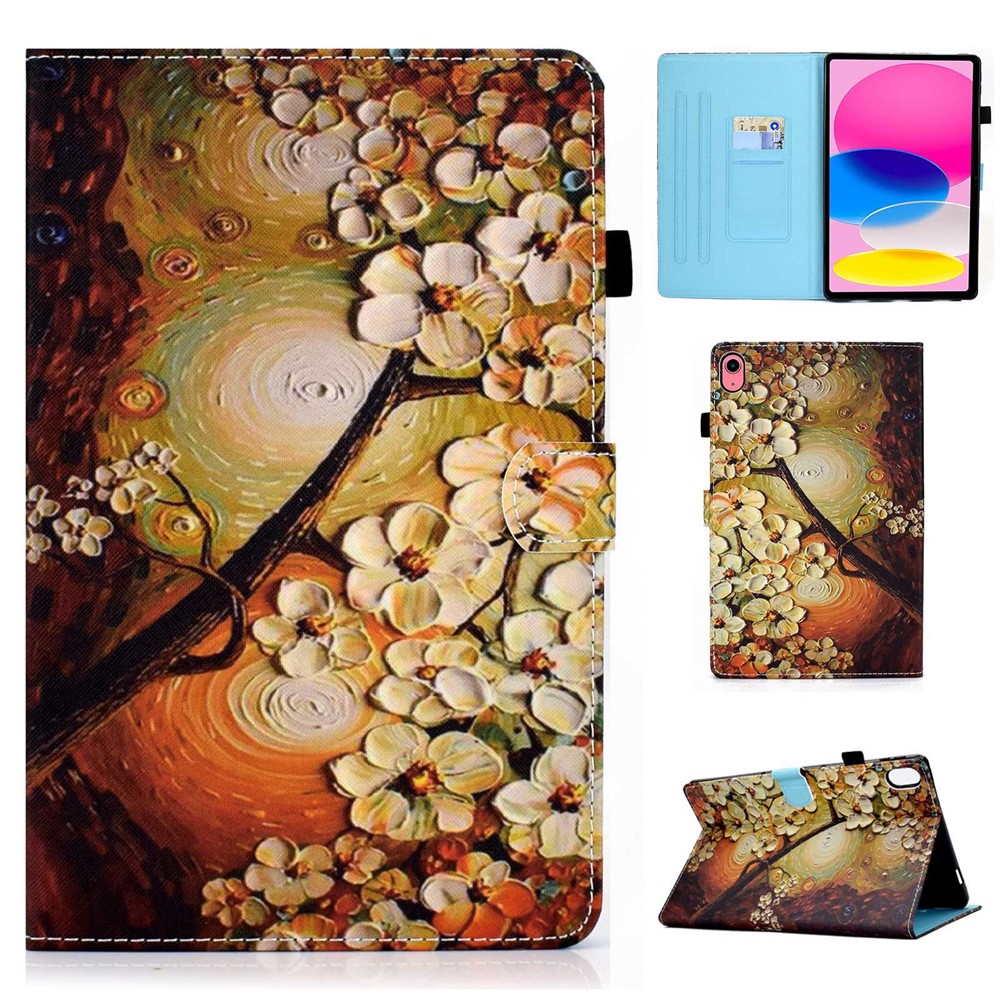 For iPad (2025) / 10.9 (2022) Pattern Printing Stand Folio Tablet Case Stitching Line PU Leather Card Slots Protective Cover - Plum Blossom