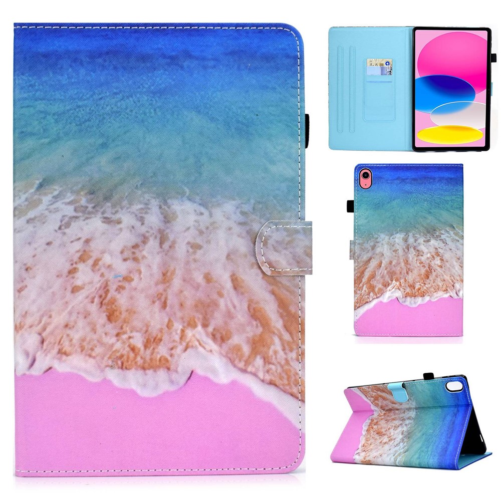 For iPad (2025) / 10.9 (2022) Pattern Printing Stand Folio Tablet Case Stitching Line PU Leather Card Slots Protective Cover - Ocean