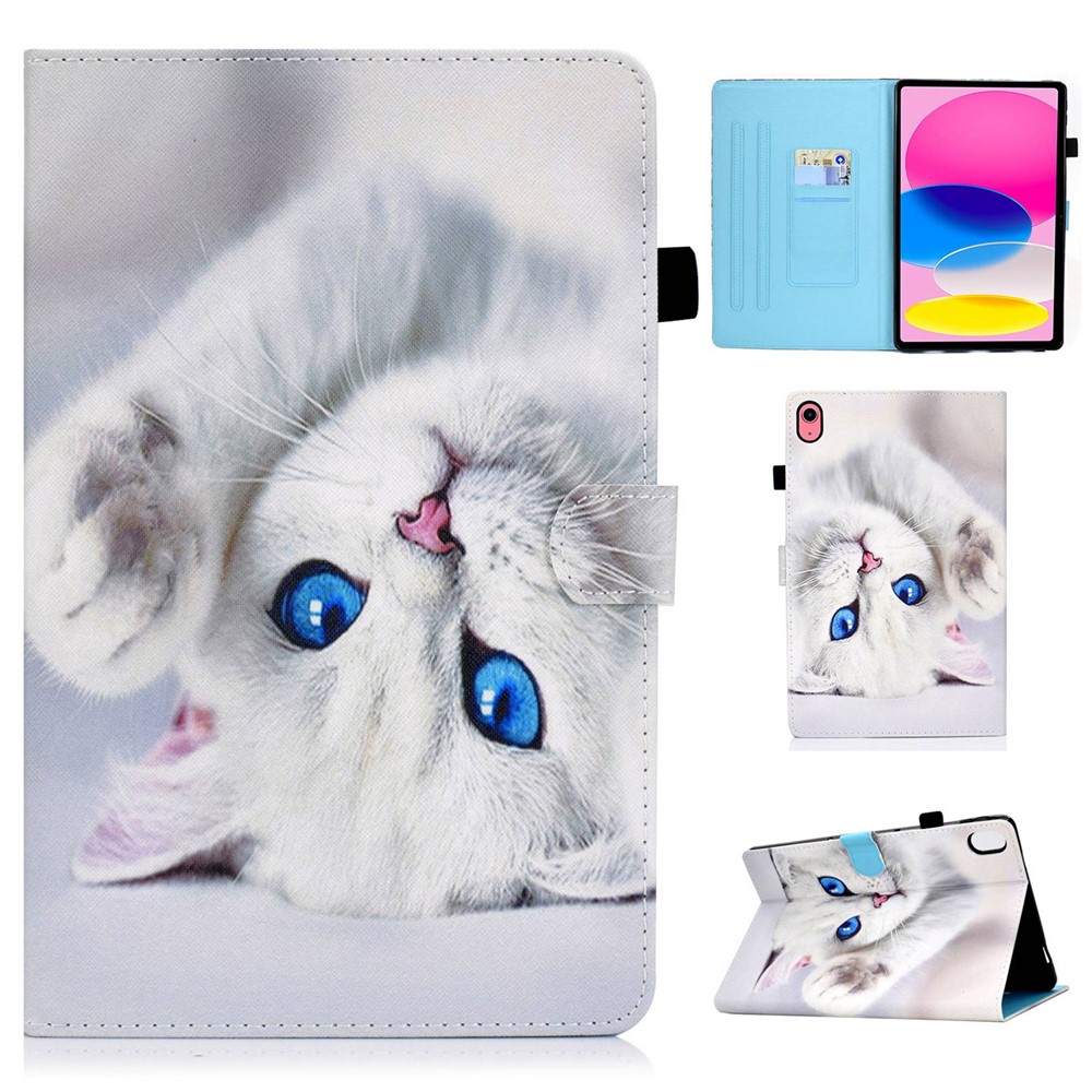 For iPad (2025) / 10.9 (2022) Pattern Printing Stand Folio Tablet Case Stitching Line PU Leather Card Slots Protective Cover - White Cat