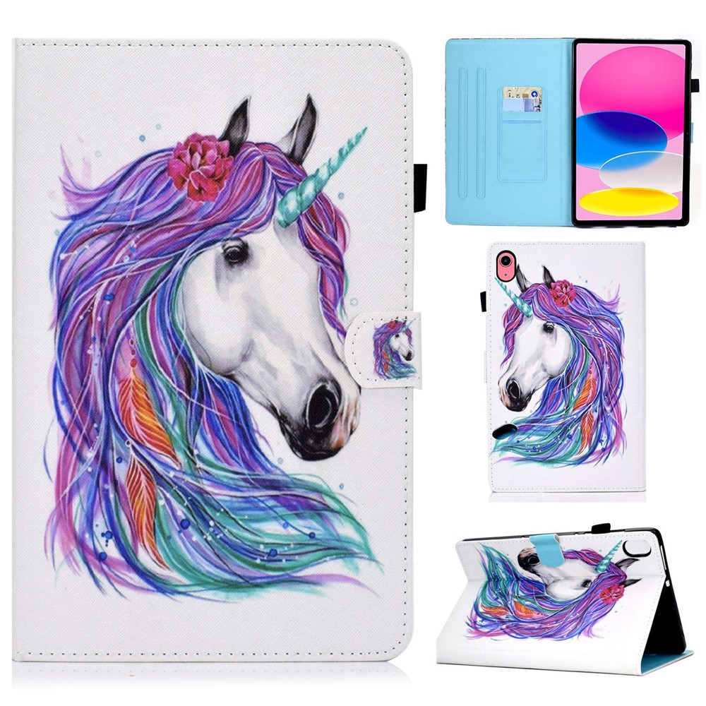 For iPad (2025) / 10.9 (2022) Case Pattern Printing Stand Stitching Line PU Leather Tablet Cover with Card Slots Holder - White Horse
