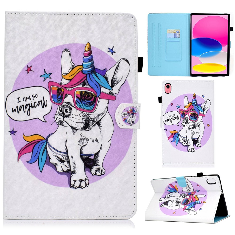 For iPad (2025) / 10.9 (2022) Case Pattern Printing Stand Stitching Line PU Leather Tablet Cover with Card Slots Holder - Unicorn Dog