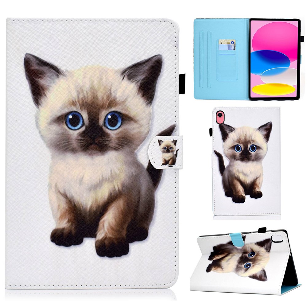 For iPad (2025) / 10.9 (2022) Case Pattern Printing Stand Stitching Line PU Leather Tablet Cover with Card Slots Holder - Cute Cat