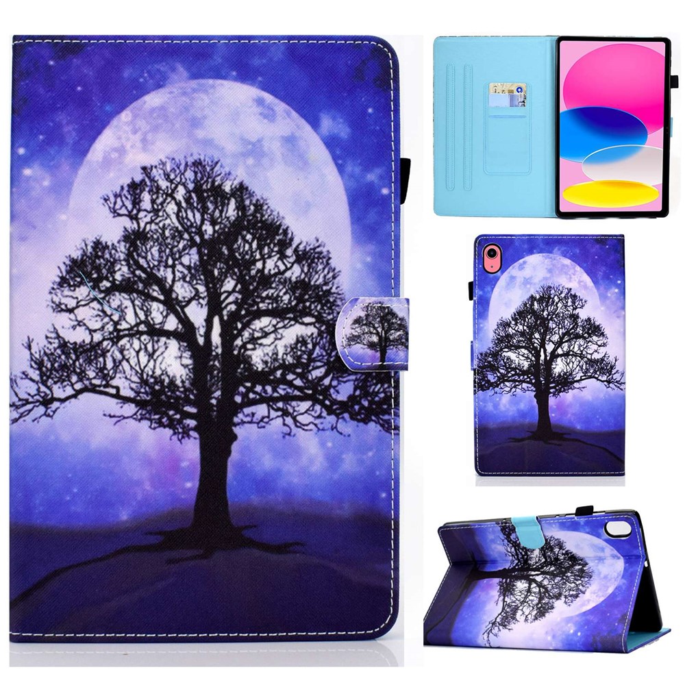 For iPad (2025) / 10.9 (2022) Case Pattern Printing Stand Stitching Line PU Leather Tablet Cover with Card Slots Holder - Life Tree