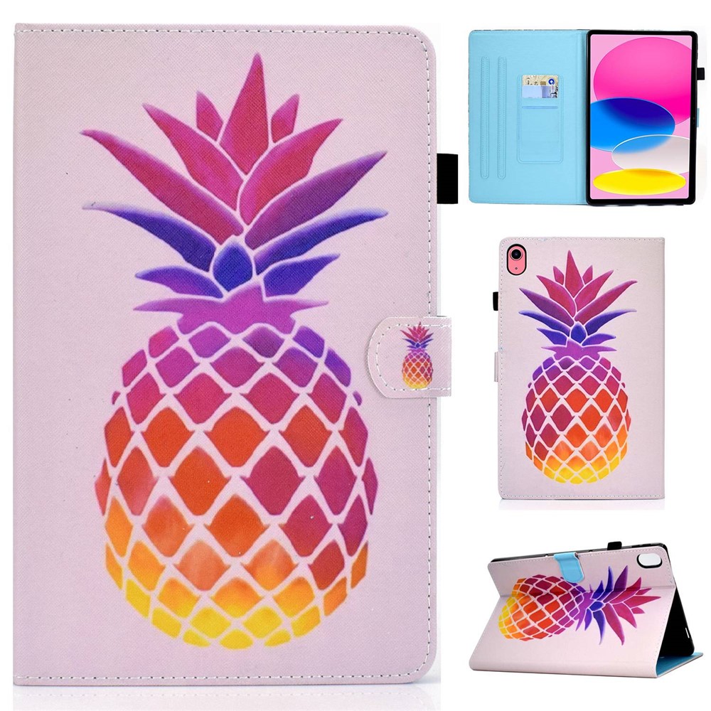For iPad (2025) / 10.9 (2022) Case Pattern Printing Stand Stitching Line PU Leather Tablet Cover with Card Slots Holder - Pink Pineapple