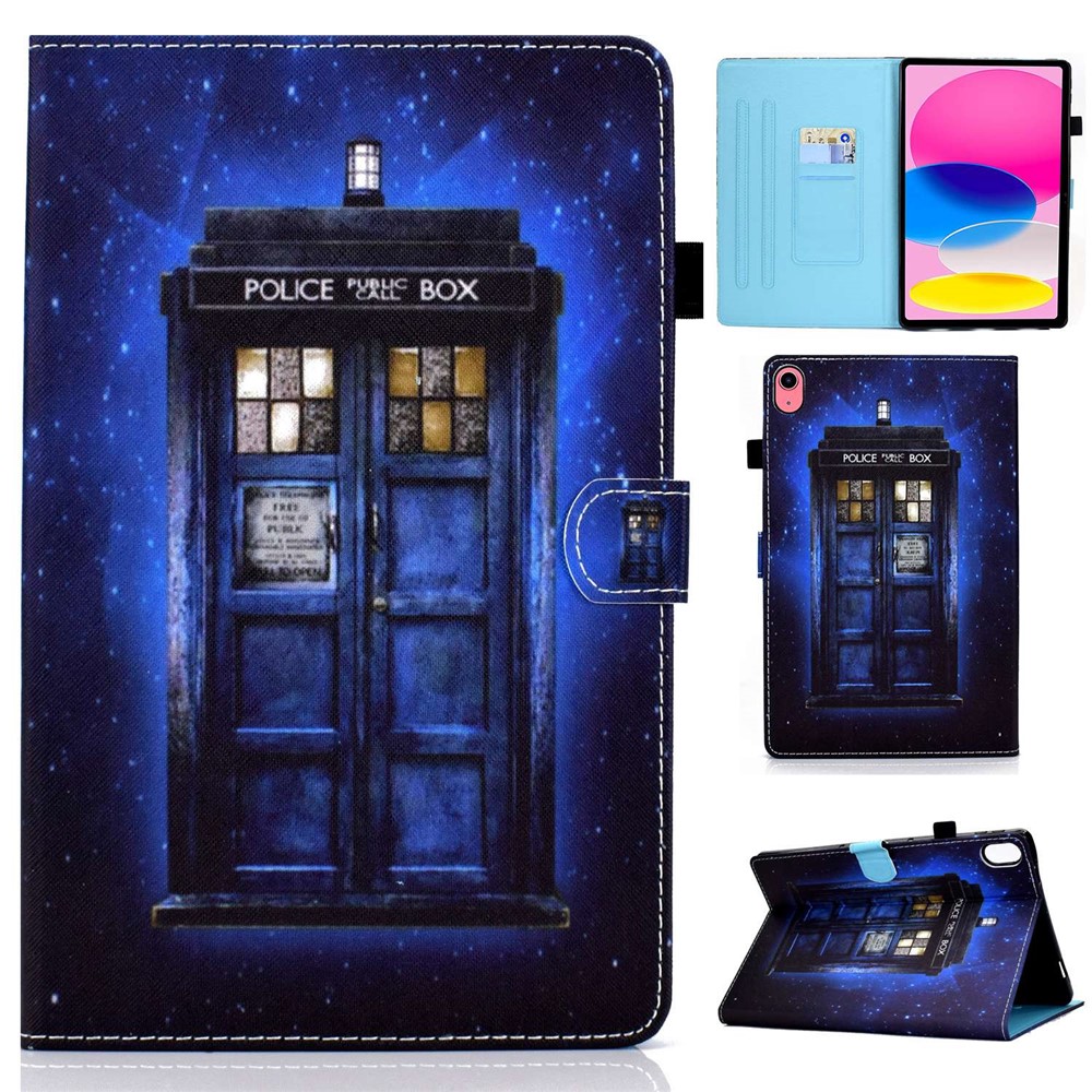 For iPad (2025) / 10.9 (2022) Case Pattern Printing Stand Stitching Line PU Leather Tablet Cover with Card Slots Holder - Police Box