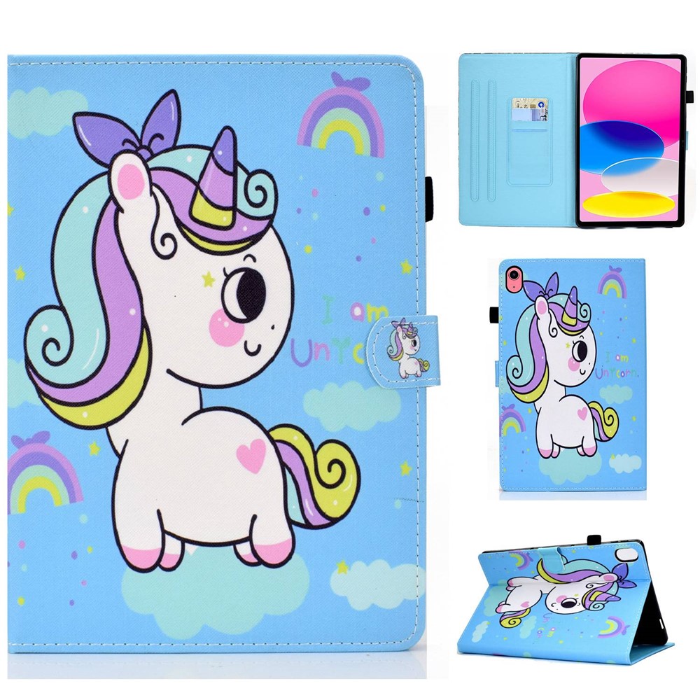 For iPad (2025) / 10.9 (2022) Case Pattern Printing Stand Stitching Line PU Leather Tablet Cover with Card Slots Holder - Rainbow Unicorn