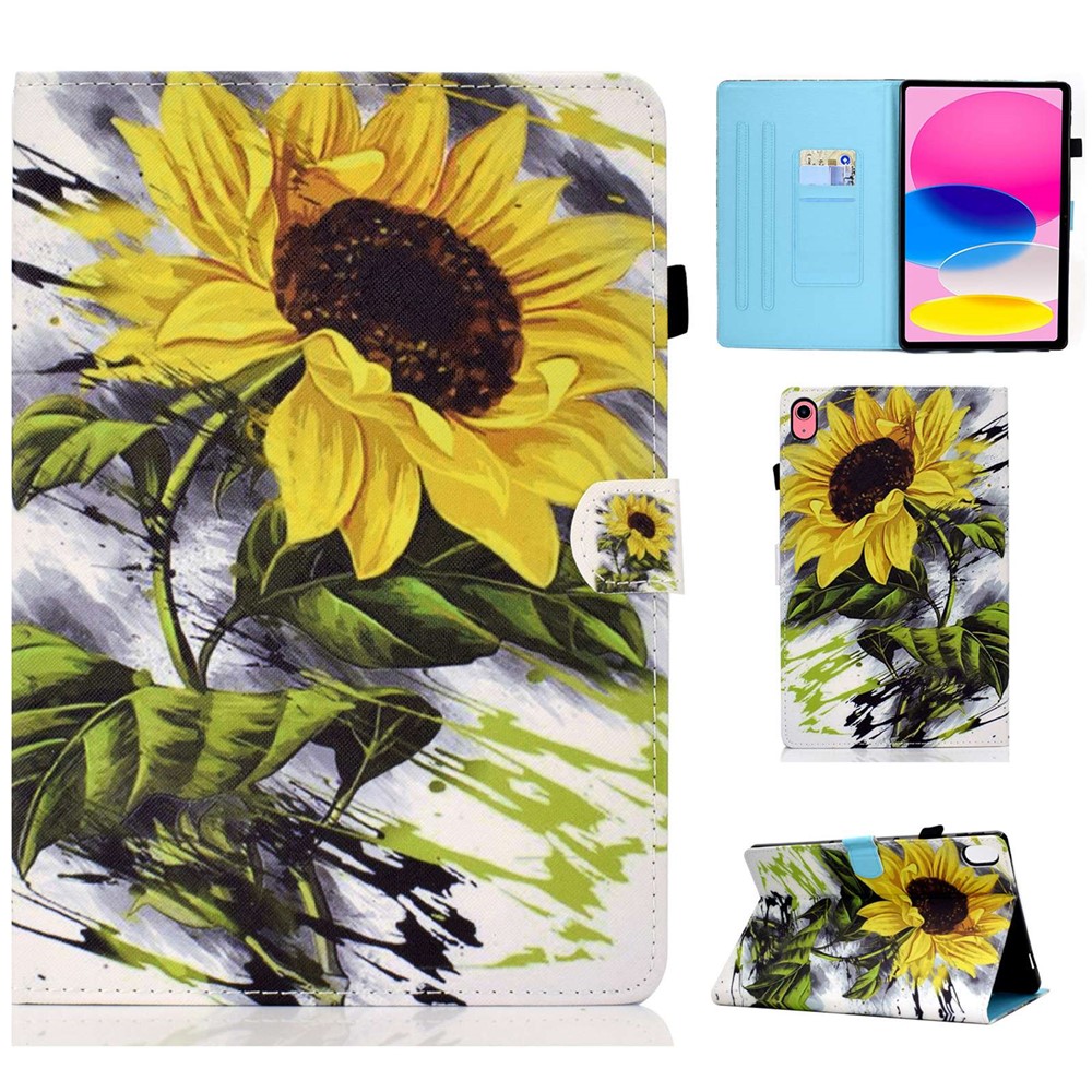 For iPad (2025) / 10.9 (2022) Case Pattern Printing Stand Stitching Line PU Leather Tablet Cover with Card Slots Holder - Sunflower