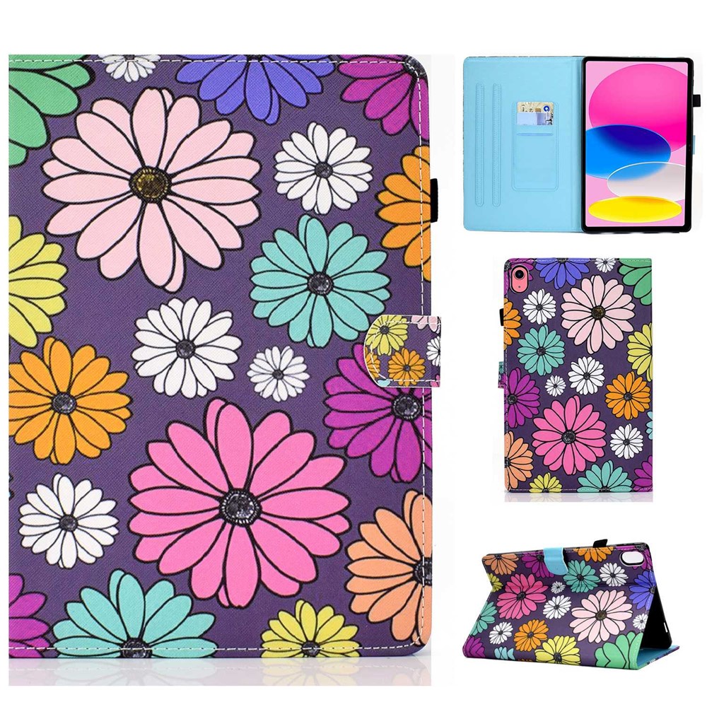 For iPad (2025) / 10.9 (2022) Case Pattern Printing Stand Stitching Line PU Leather Tablet Cover with Card Slots Holder - Daisy