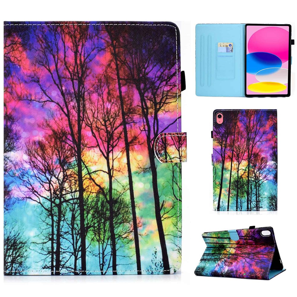 For iPad (2025) / 10.9 (2022) Case Pattern Printing Stand Stitching Line PU Leather Tablet Cover with Card Slots Holder - Forest