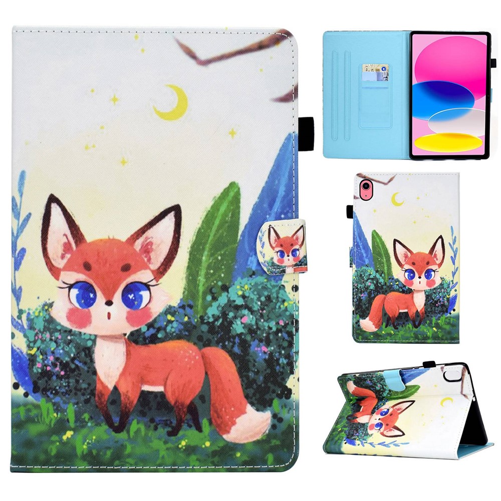 For iPad (2025) / 10.9 (2022) Case Pattern Printing Stand Stitching Line PU Leather Tablet Cover with Card Slots Holder - Fox