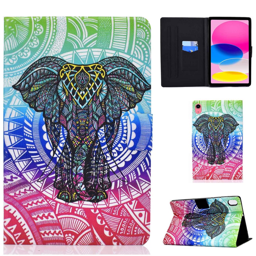 For iPad (2025) / 10.9 (2022) Pattern Printing PU Leather Folio Tablet Case Fold Stand Card Holder Magnetic Flip Cover - Elephant