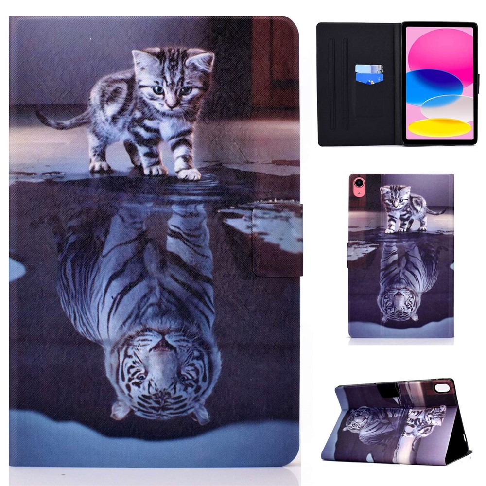 For iPad (2025) / 10.9 (2022) Pattern Printing PU Leather Folio Tablet Case Fold Stand Card Holder Magnetic Flip Cover - Cat and Tiger