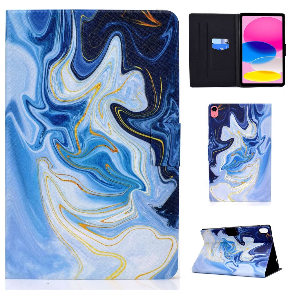 For iPad (2025) / 10.9 (2022) Pattern Printing PU Leather Folio Tablet Case Fold Stand Card Holder Magnetic Flip Cover - Blue Marble
