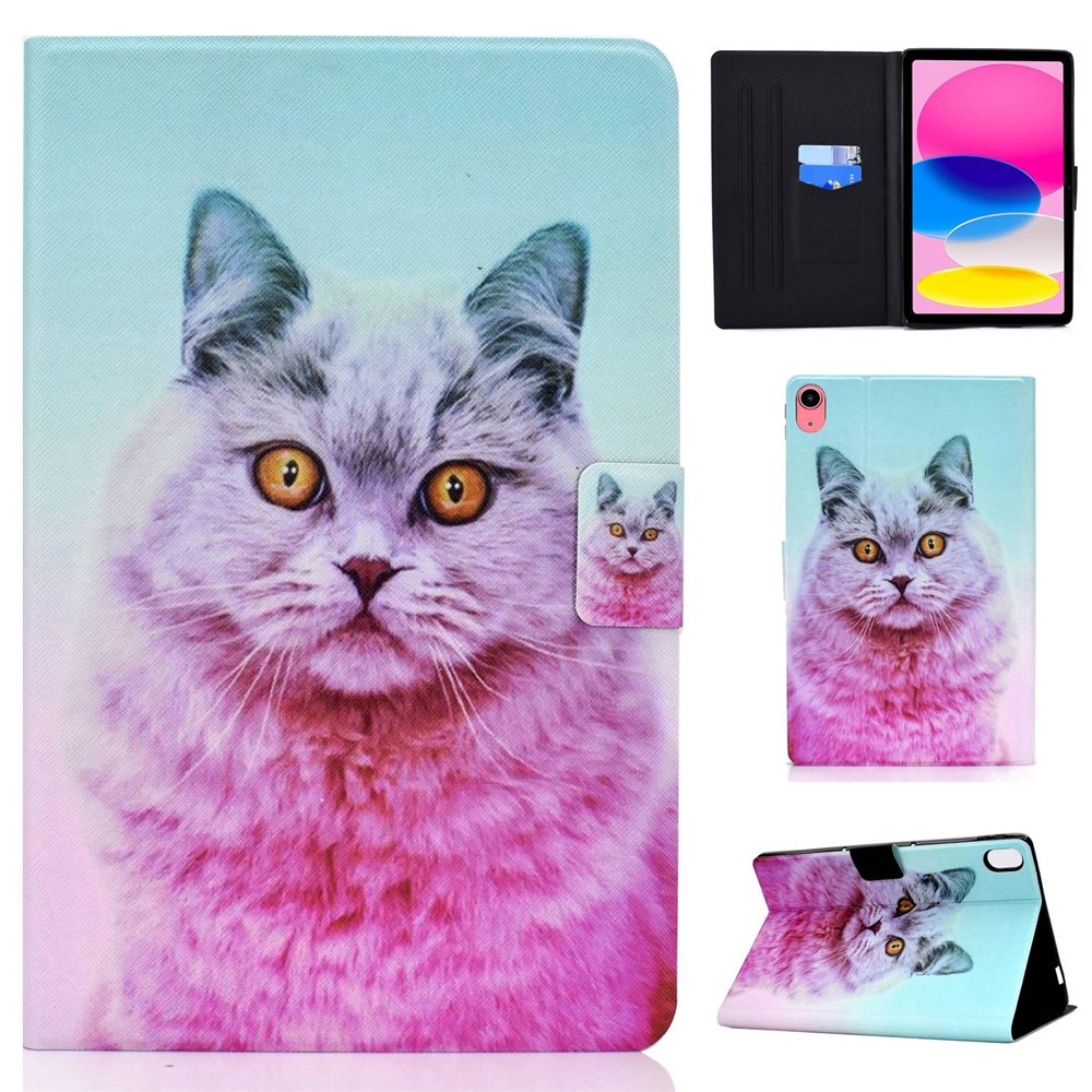 For iPad (2025) / 10.9 (2022) Pattern Printing PU Leather Folio Tablet Case Fold Stand Card Holder Magnetic Flip Cover - Pink Cat