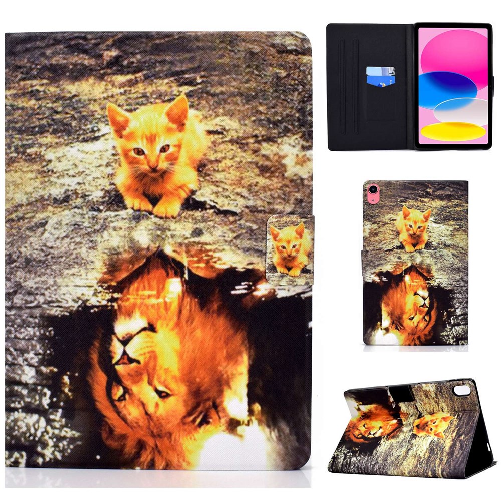 For iPad (2025) / 10.9 (2022) Pattern Printing PU Leather Folio Tablet Case Fold Stand Card Holder Magnetic Flip Cover - Cat and Lion