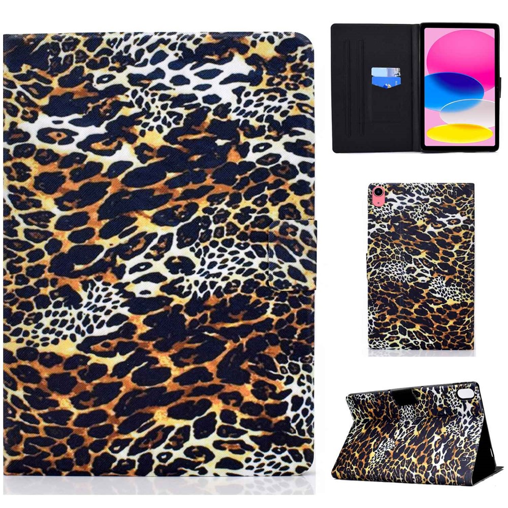 For iPad (2025) / 10.9 (2022) Pattern Printing PU Leather Folio Tablet Case Fold Stand Card Holder Magnetic Flip Cover - Leopard