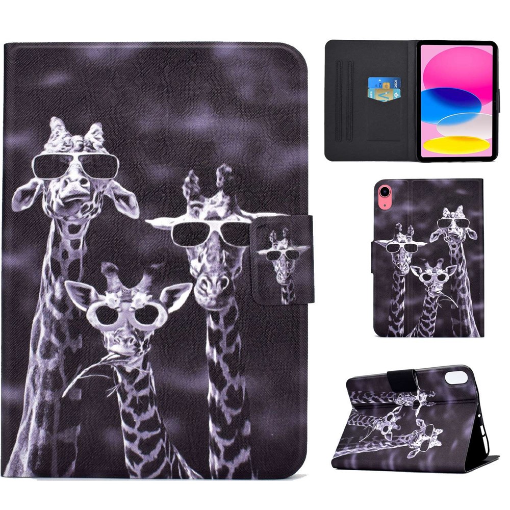 For iPad (2025) / 10.9 (2022) Pattern Printing PU Leather Tablet Case Fold Stand Magnetic Flip Cover with Card Holder - Three Giraffes