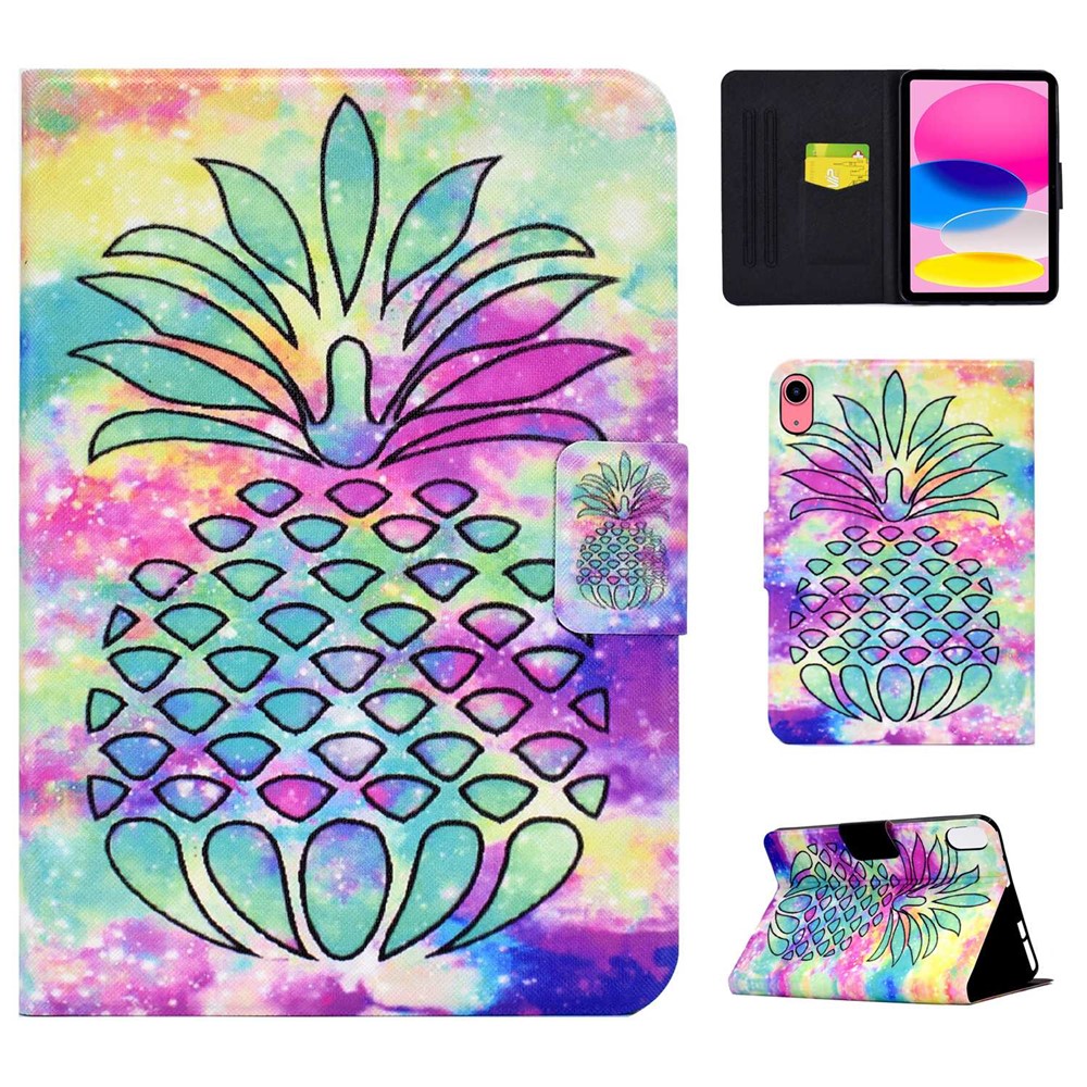 For iPad (2025) / 10.9 (2022) Pattern Printing PU Leather Tablet Case Fold Stand Magnetic Flip Cover with Card Holder - Colorful Pineapple