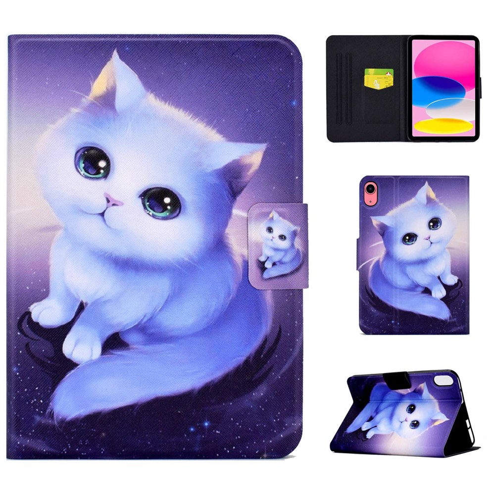 For iPad (2025) / 10.9 (2022) Pattern Printing PU Leather Tablet Case Fold Stand Magnetic Flip Cover with Card Holder - Cat
