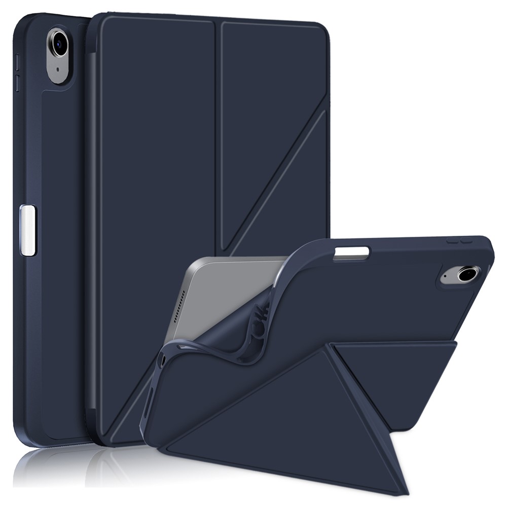 For iPad (2025) / 10.9 (2022) Origami Stand PU Leather Tablet Case Auto Wake / Sleep Pen Slot Protective Cover - Dark Blue