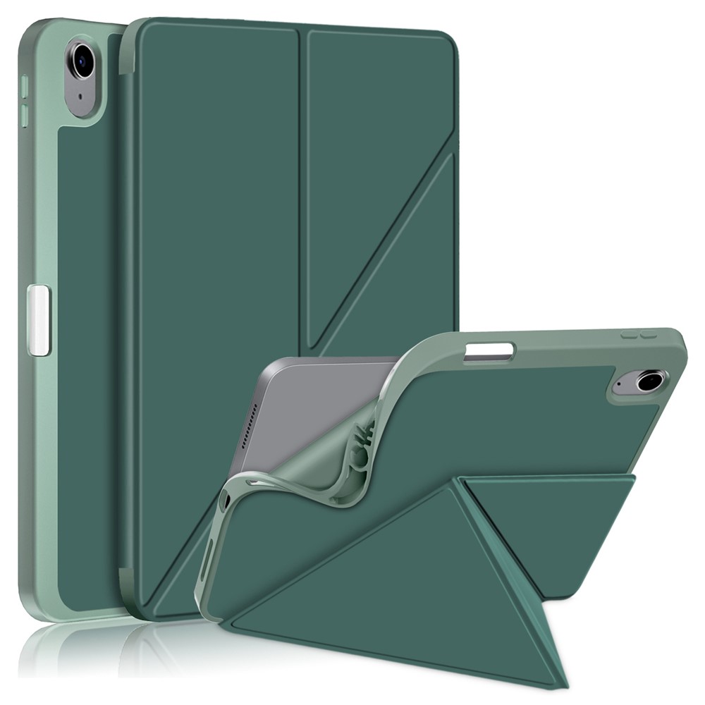 For iPad (2025) / 10.9 (2022) Origami Stand PU Leather Tablet Case Auto Wake / Sleep Pen Slot Protective Cover - Blackish Green