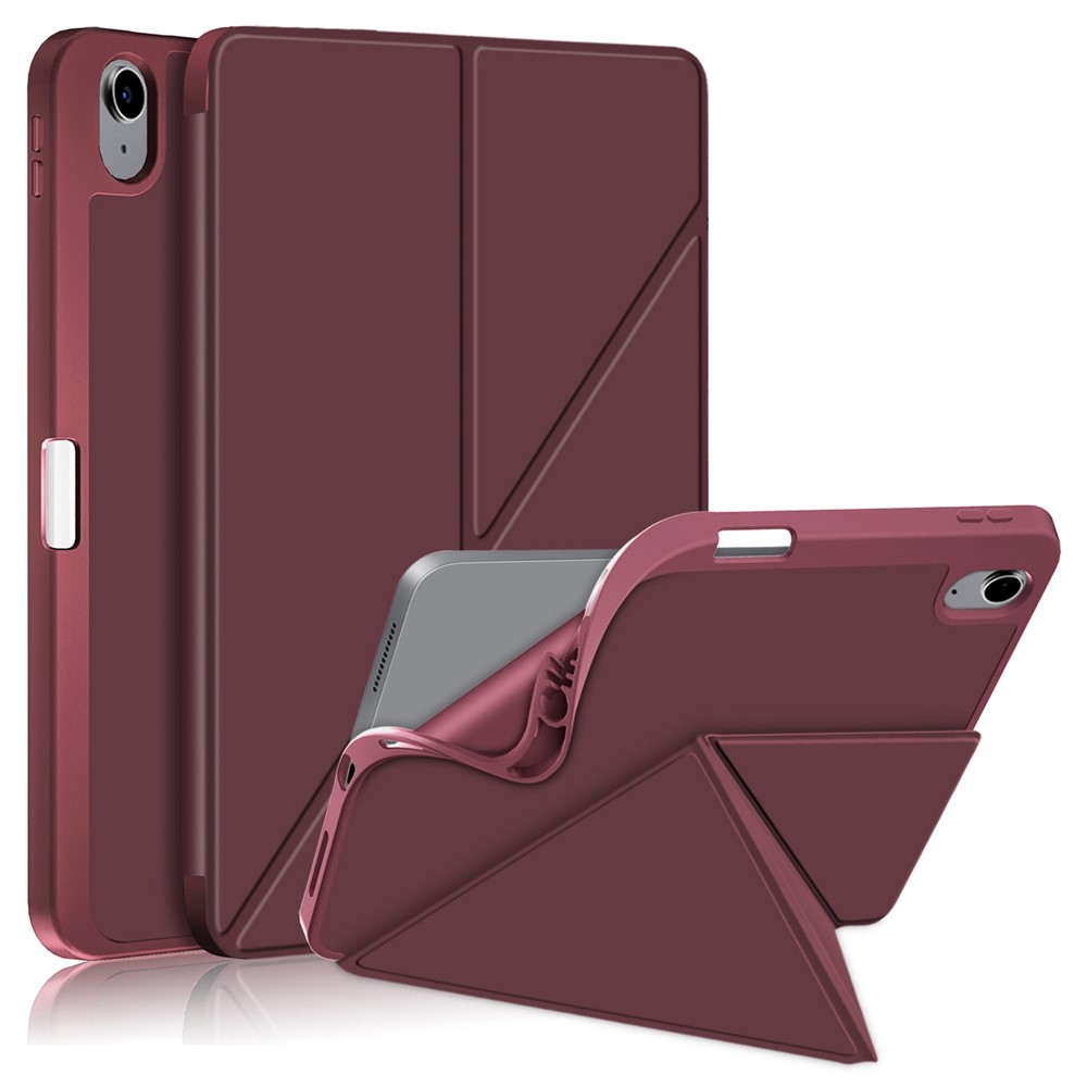 For iPad (2025) / 10.9 (2022) Origami Stand PU Leather Tablet Case Auto Wake / Sleep Pen Slot Protective Cover - Wine Red