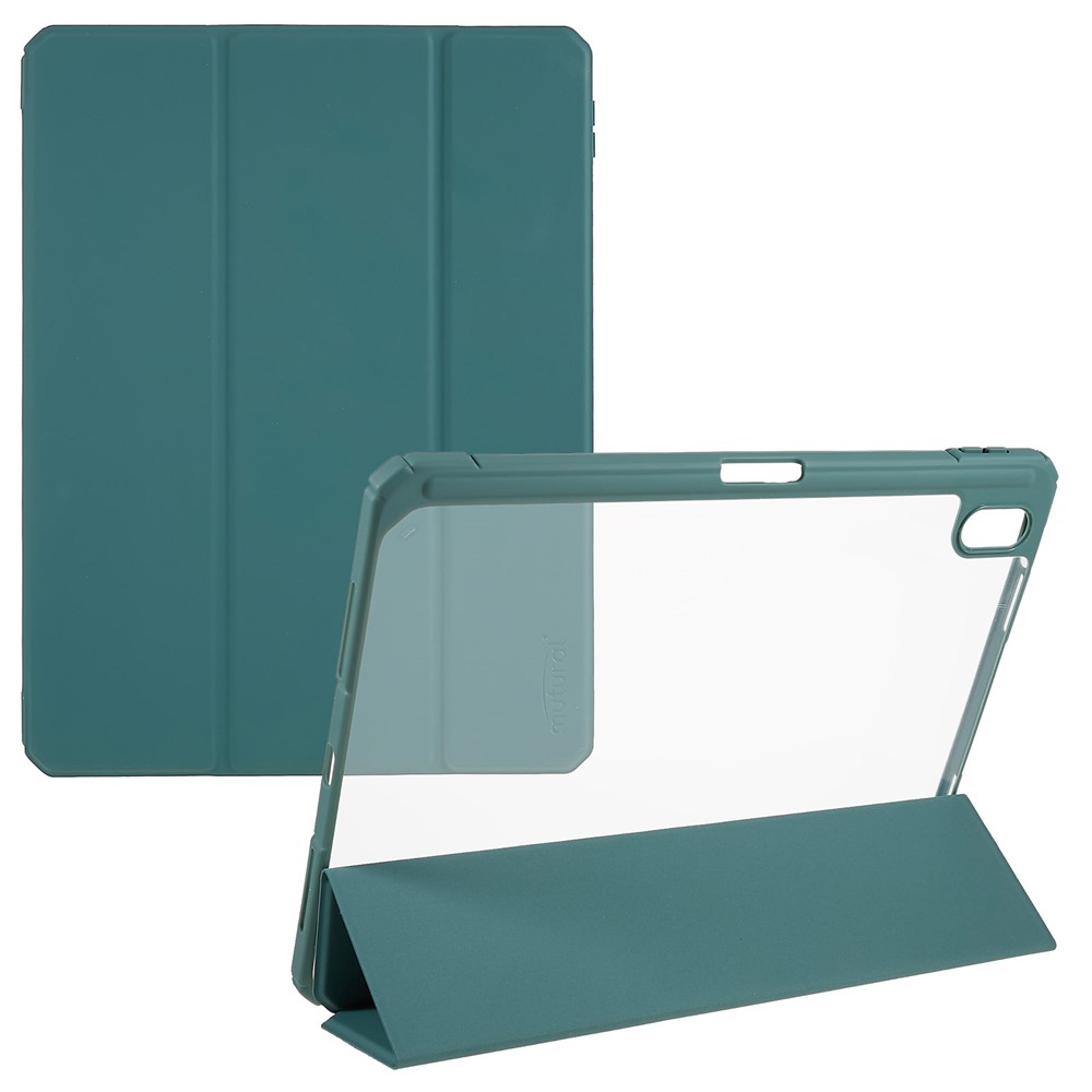MUTURAL For iPad (2025) / 10.9 (2022) Hybrid TPU+PC Full-Body Protective Case Transparent Back Shockproof Stand Cover with Pen Slot - Blackish Green