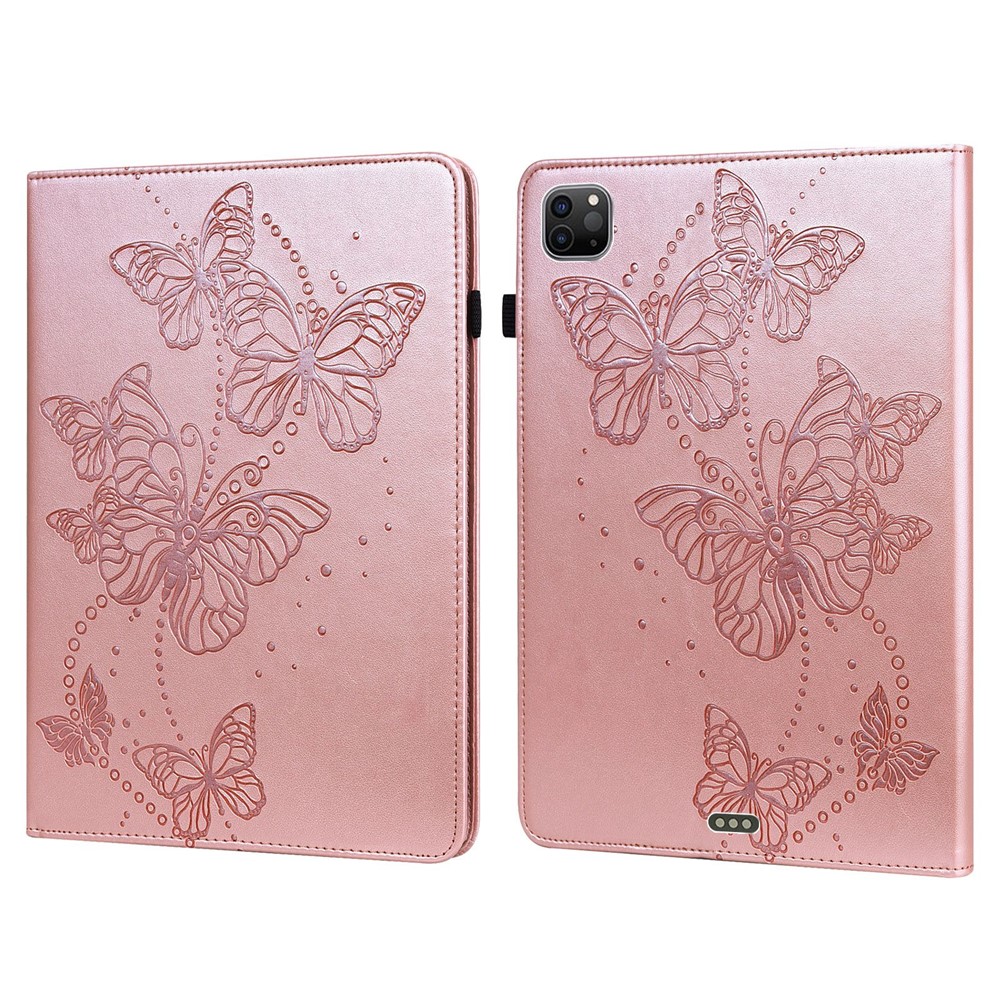 For iPad Pro 11-inch (2020) / (2021) / (2022) PU Leather Butterfly Imprinted Tablet Stand Cover Auto Wake / Sleep Card Holder Shockproof Case with Elastic Band - Rose Gold