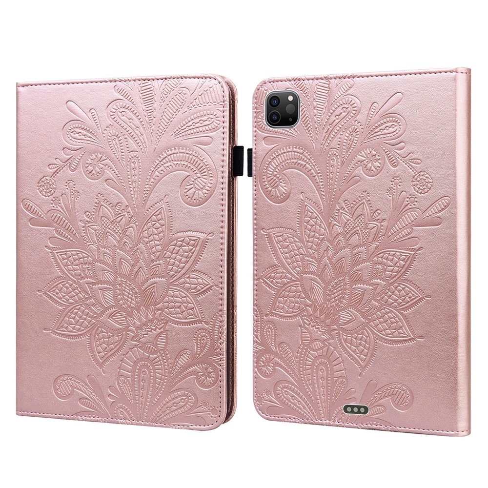 For iPad Pro 11 (2022) / (2021) / (2020) Flower Imprinting Tablet Wallet Case Auto Wake / Sleep PU Leather Drop-proof Stand Cover with Elastic Band - Rose Gold