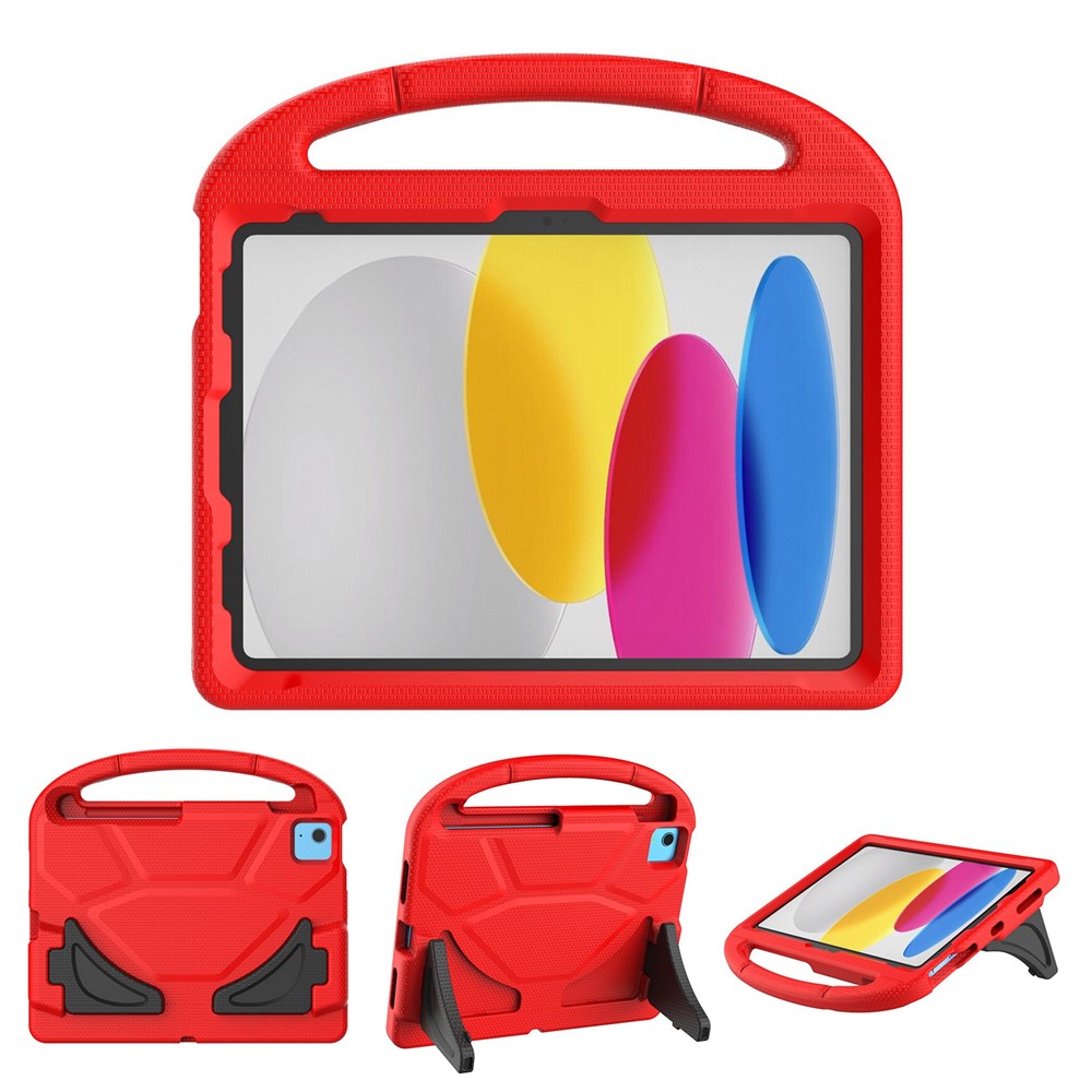 For iPad (2025) / 10.9 (2022) Soccer Pattern EVA Tablet Case Kid Friendly Kickstand Handle Protective Cover - Red