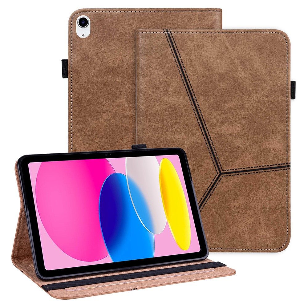 For iPad (2025) / 10.9 (2022) Tablet Case Line Imprinted PU Leather Card Holder Cover with Elastic Band - Brown