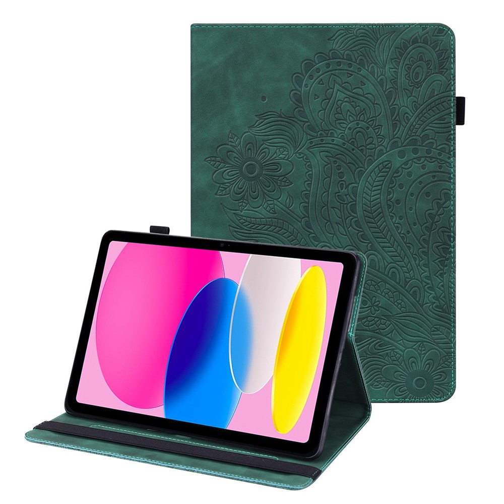 Flower Imprinting Tablet Cover for iPad (2025) / 10.9 (2022) PU Leather Card Holder Drop-Proof Case - Green