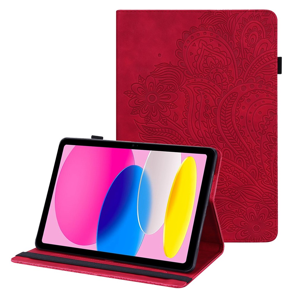 Flower Imprinting Tablet Cover for iPad (2025) / 10.9 (2022) PU Leather Card Holder Drop-Proof Case - Red