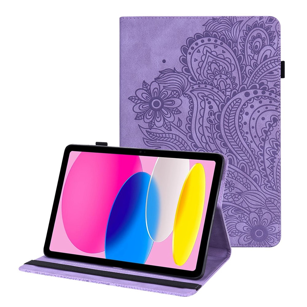 Flower Imprinting Tablet Cover for iPad (2025) / 10.9 (2022) PU Leather Card Holder Drop-Proof Case - Purple