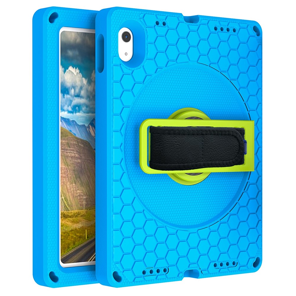 For iPad (2025) / 10.9 (2022) Tablet Case Hand Strap Rotary Kickstand Honeycomb Texture Anti-Drop Cover with Shoulder Strap - Blue  /  Green