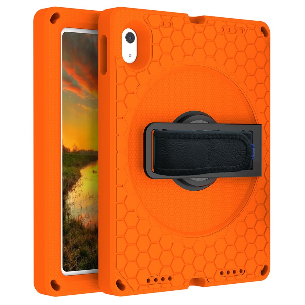 For iPad (2025) / 10.9 (2022) Tablet Case Hand Strap Rotary Kickstand Honeycomb Texture Anti-Drop Cover with Shoulder Strap - Orange  /  Black