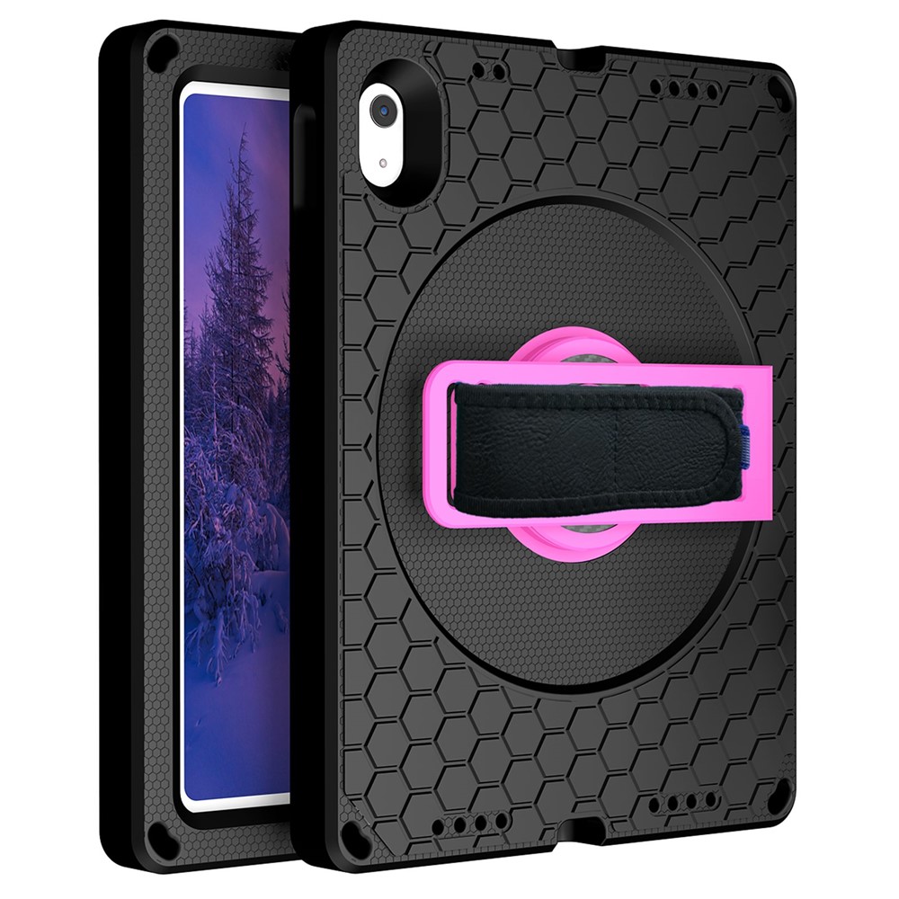 For iPad (2025) / 10.9 (2022) Tablet Case Hand Strap Rotary Kickstand Honeycomb Texture Anti-Drop Cover with Shoulder Strap - Black  /  Rose