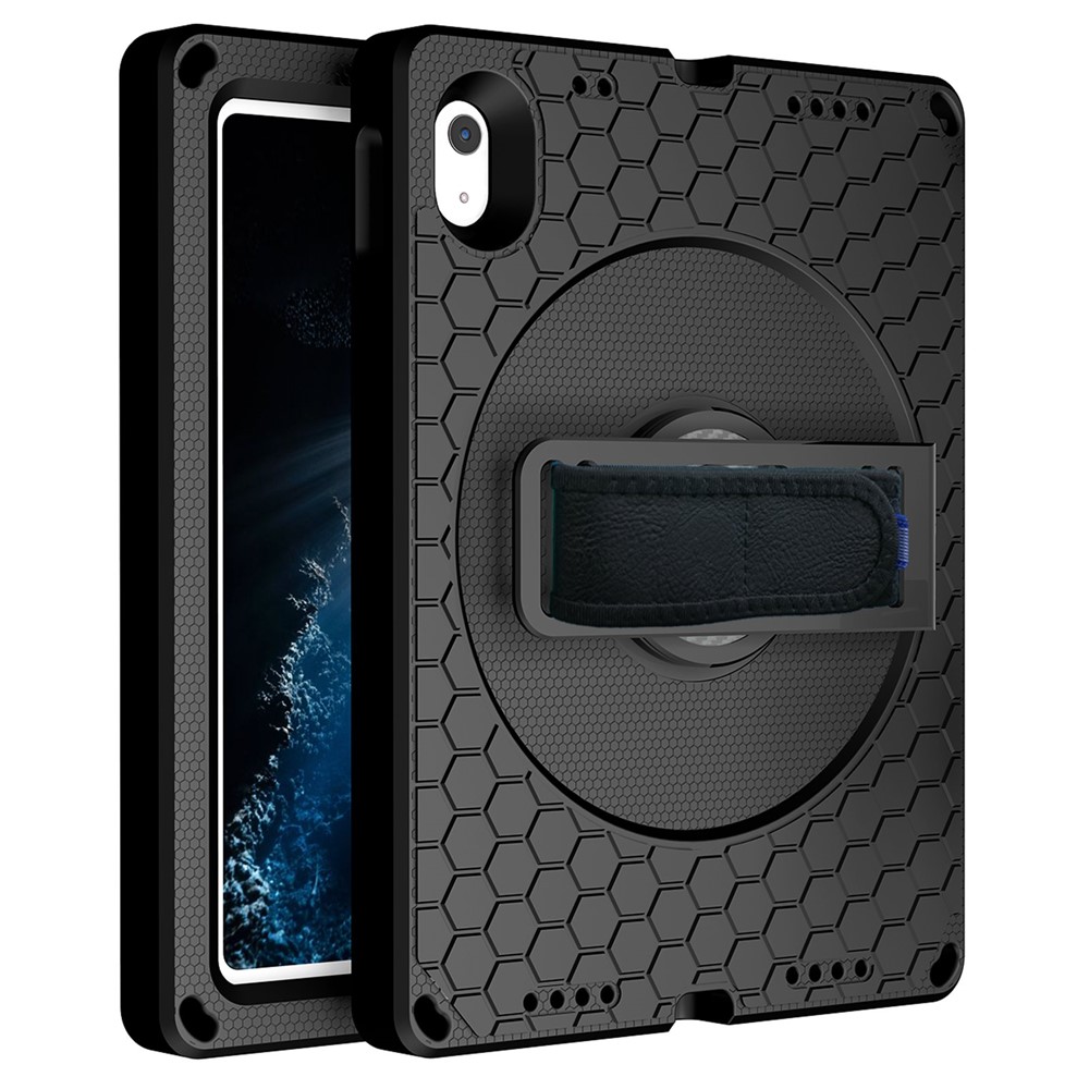 For iPad (2025) / 10.9 (2022) Tablet Case Hand Strap Rotary Kickstand Honeycomb Texture Anti-Drop Cover with Shoulder Strap - All Black