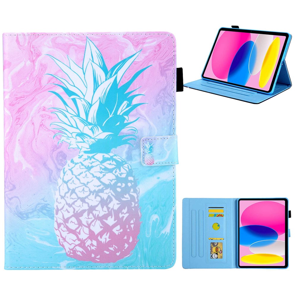 For iPad (2025) / 10.9 (2022) PU Leather Tablet Case Pattern Printing Stand Cover with Card Holder - Blue Pink Pineapple