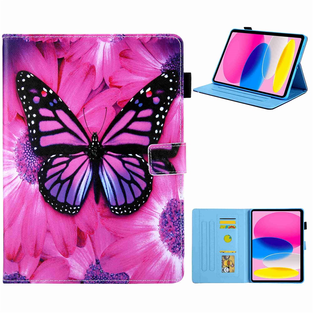 For iPad (2025) / 10.9 (2022) PU Leather Tablet Case Pattern Printing Stand Cover with Card Holder - Red Flower / Pink Butterfly