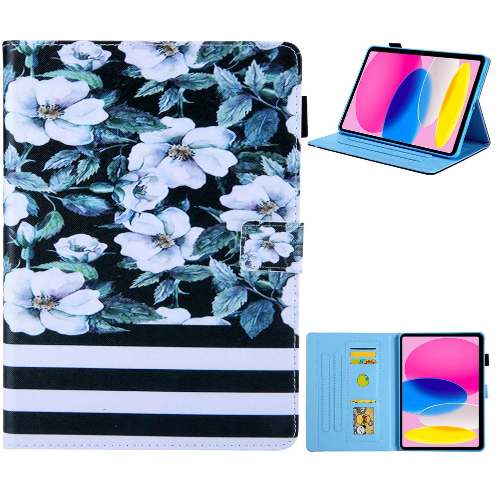 For iPad (2025) / 10.9 (2022) PU Leather Tablet Case Pattern Printing Stand Cover with Card Holder - Pear Blossom