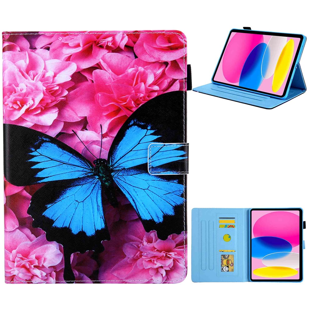 For iPad (2025) / 10.9 (2022) PU Leather Tablet Case Pattern Printing Stand Cover with Card Holder - Red Flower / Blue Butterfly