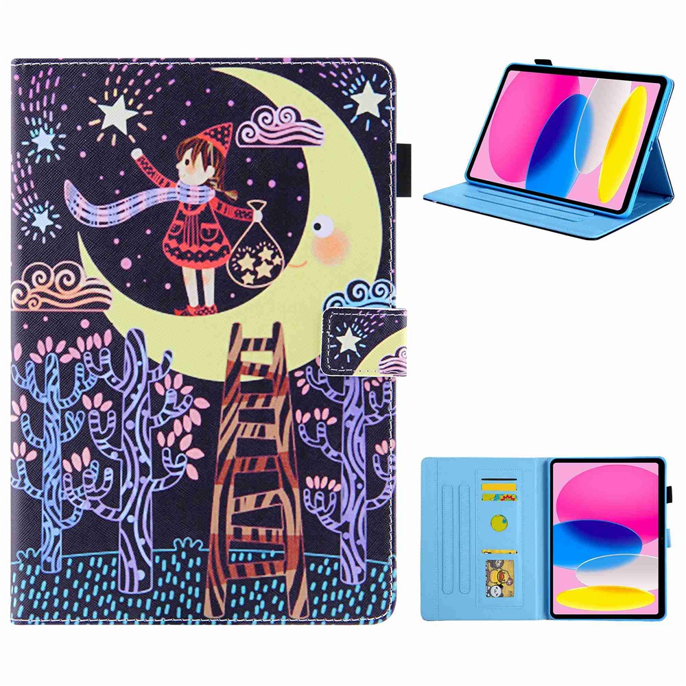 For iPad (2025) / 10.9 (2022) PU Leather Tablet Case Pattern Printing Stand Cover with Card Holder - Girl / Moon