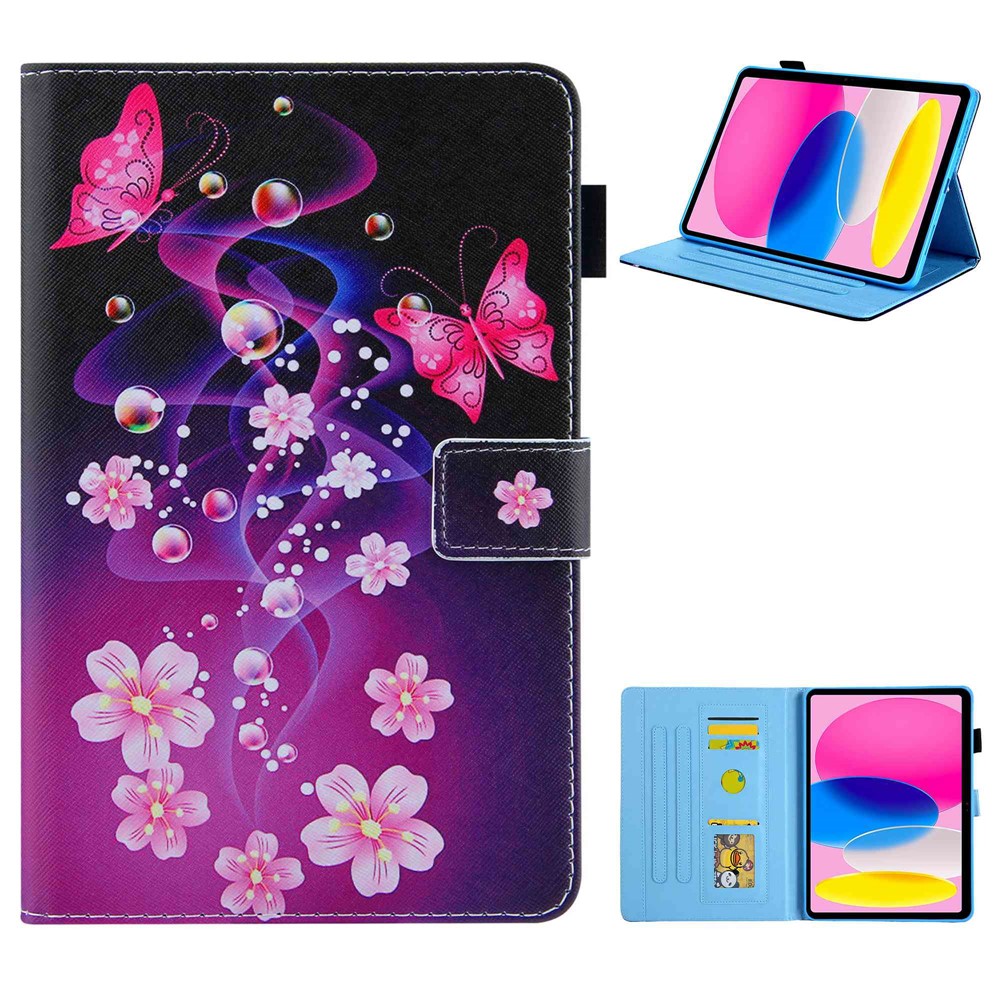 For iPad (2025) / 10.9 (2022) PU Leather Tablet Case Cross Texture Pattern Printing Card Holder Stand - Pink Butterflies