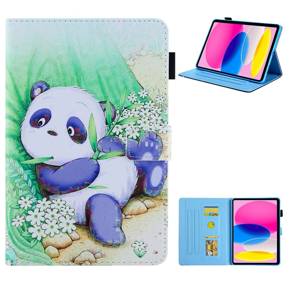 For iPad (2025) / 10.9 (2022) PU Leather Tablet Case Cross Texture Pattern Printing Card Holder Stand - Cute Panda